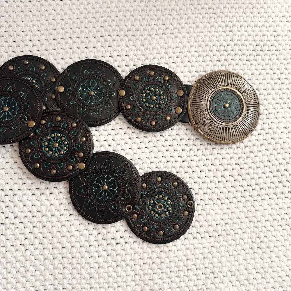 Chico's Vintage Black Faux Leather Disc Embroidered Turquoise Boho Waist Belt L